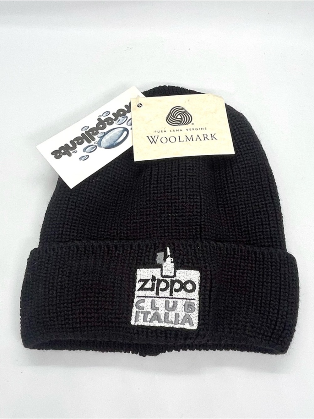 Vintage Zippo Club Italia Knit Beanie Woolmark Pure Virgin Wool 1990’s Black NOS